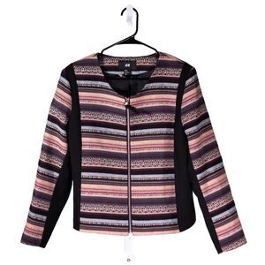 H&M Womens Jacket Striped Navajo Aztec Full Zip Stretch Boho Long Sleeve Size 16
